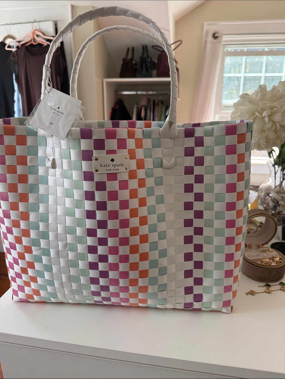 kate spade White Multicolor Woven Tote with Mint, Purple & Coral Accents
